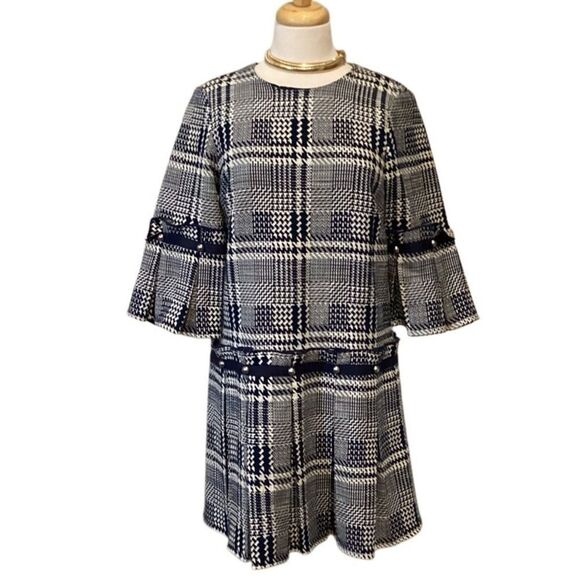 Prose & Poetry Navy Blue & White Plaid Drop Waist Shift Dress Size M - Picture 2 of 14